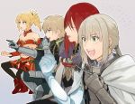  1girl 3boys aki_(neyuki41028) armor bedivere blonde_hair blue_eyes breastplate closed_eyes fate/apocrypha fate/extra fate/grand_order fate/stay_night fate_(series) gaijin_4koma gawain_(fate/extra) green_eyes knights_of_the_round_table_(fate) long_hair male_focus multiple_boys navel ponytail purple_hair redhead saber_of_red short_hair smile tristan_(fate/grand_order) white_hair 