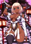  1girl bare_shoulders black_legwear blonde_hair blue_eyes breasts cleavage cowboy_shot dark_skin erect_nipples highleg highleg_leotard holding holding_sword holding_weapon impossible_clothes ishimiso_(ishimura) large_breasts leotard long_hair looking_at_viewer original single_sleeve skin_tight solo sword thong_leotard weapon white_legwear white_leotard wide_hips 