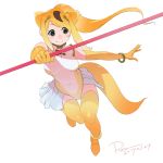  1girl 2017 animal_ears anklet artist_name bare_shoulders baton black_eyes blonde_hair bracelet breasts brown_hair circlet commentary covered_navel dated elbow_gloves eyebrows_visible_through_hair eyelashes full_body gloves golden_snub-nosed_monkey_(kemono_friends) gradient_hair hair_ornament high_ponytail highres hirotaka_(bitmap1022) jewelry jumping kemono_friends large_breasts leotard long_hair looking_to_the_side monkey_ears monkey_tail multicolored_hair nostrils orange_gloves orange_hair outstretched_arm perspective ponytail sidelocks signature skirt smile solo tail tareme thigh-highs turtleneck weapon white_leotard white_skirt yellow_legwear yellow_leotard 