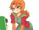  1boy 1girl blue_eyes blush breasts curly_hair dragon_quest dragon_quest_vii dress hat hero_(dq7) highres long_hair maribel medium_breasts redhead short_hair smile 