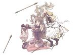  2girls :o apron armor arrow bangs bare_shoulders belt blonde_hair blue_eyes blush boot_removed boots breastplate breasts brown_eyes brown_hair brush brushing butterfly buttons cleavage corset detached_sleeves dress feathers fire_emblem fire_emblem:_kakusei flinch garter_straps gauntlets gloves hair_brush hair_brushing hair_ornament highres holding kozaki_yuusuke leaning leaning_forward liz_(fire_emblem) long_hair long_sleeves medium_breasts multiple_girls no_shoes open_mouth parted_bangs pink_legwear planted_arrow puffy_sleeves purple_gloves shoes_removed short_dress short_hair short_twintails simple_background single_boot single_shoe sitting sleeveless spaulders striped sumia sweatdrop tank_top thigh-highs thigh_boots tiara tiptoes twintails wariza wavy_hair white_background wide_sleeves worried zettai_ryouiki 