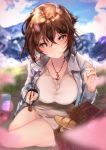  1girl absurdres alternate_costume baguette bangs blue_shirt blurry blush bread breasts brown_eyes brown_hair cherry_blossoms cleavage cleavage_cutout closed_mouth depth_of_field dress food hair_between_eyes head_tilt highres hplay incoming_food jewelry kantai_collection large_breasts looking_at_viewer mutsu_(kantai_collection) open_clothes open_shirt outdoors pendant petals picnic_basket pov_feeding shirt sitting smile solo white_dress 