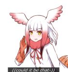  1girl crested_ibis_(kemono_friends) disco_brando english eyebrows_visible_through_hair hair_ornament highres kemono_friends long_hair long_sleeves looking_at_viewer multicolored_hair open_mouth ranguage red_ribbon redhead ribbon smile solo twitter_username two-tone_hair white_coat white_hair winged_hair_ornament wings yellow_eyes 