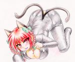  1girl alternate_costume animal_ears bangs blunt_bangs blush bow braid breasts cat_ears cat_girl cat_tail catsuit cleavage colored_pencil_(medium) fangs green_bow hair_bow highres kaenbyou_rin large_breasts latex latex_suit looking_at_viewer multiple_tails parted_lips red_eyes redhead smile solo tail top-down_bottom-up touhou traditional_media twin_braids two_tails yazuki_gennojou 