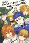 2f_sq archer_(fate/extra) blue_hair chibi edmond_dantes_(fate/grand_order) fate/apocrypha fate/grand_order fate/stay_night fate_(series) fedora food fujimaru_ritsuka_(female) gilgamesh green_eyes hat karna_(fate) lancer looking_at_viewer multiple_boys open_mouth orange_hair red_eyes saber side_ponytail sleeping smile white_background white_hair 