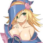  1girl bare_shoulders blonde_hair blue_dress blush breasts cleavage closed_mouth collarbone dark_magician_girl dress duel_monster ear_visible_through_hair finger_to_cheek green_eyes hand_on_breast hat head_tilt highres large_breasts long_hair pentacle perspective smile solo star white_background wizard_hat wonder_yamada yu-gi-oh! yuu-gi-ou_duel_monsters 