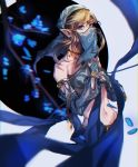  1boy blonde_hair blue_eyes crossdressinging detached_sleeves gerudo_link highres link looking_at_viewer midriff navel pointy_ears re12300120 ribbon solo the_legend_of_zelda the_legend_of_zelda:_breath_of_the_wild trap veil 