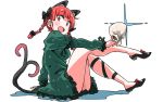 1girl :d animal_ears bangs bare_legs black_bow black_shoes blunt_bangs bow braid cat_ears cat_tail dress eyebrows_visible_through_hair fang frilled_dress frilled_sleeves frills green_dress hair_bow hair_ribbon juliet_sleeves kaenbyou_rin leg_ribbon long_sleeves looking_at_viewer multiple_tails open_mouth puffy_sleeves red_bow red_eyes redhead ribbon shadow shoe_bow shoes sitting skull smile solo tail touhou tress_ribbon twin_braids two_tails white_background zk_(zk_gundan) 
