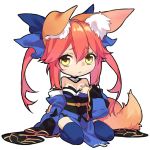  1girl animal_ears blue_legwear bow breasts chibi cleavage detached_sleeves fate/extra fate_(series) fox_ears fox_tail hair_bow hair_ribbon hand_on_own_chest japanese_clothes large_breasts looking_at_viewer pink_hair ribbon simple_background sitting solo tail tamamo_(fate)_(all) tamamo_no_mae_(fate) wariza white_background xu_(245506772) yellow_eyes 