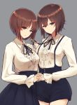  14sai_bishoujo_(shoutarou) 2girls :o alternate_costume black_ribbon black_shorts black_skirt blush breasts brown_eyes brown_hair buttons center_frills closed_mouth cowboy_shot eyebrows_visible_through_hair girls_und_panzer grey_background hand_holding hand_on_another&#039;s_back head_tilt high-waist_skirt interlocked_fingers long_sleeves looking_at_viewer medium_breasts meme_attire multiple_girls nishizumi_maho nishizumi_miho parted_lips ribbon shirt short_hair shorts siblings simple_background sisters skirt smile standing suspenders virgin_killer_outfit white_shirt wing_collar 