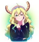  1girl ahoge alternate_costume baseball_cap black_shirt blonde_hair blue_eyes breasts clenched_hand collarbone dragon_girl dragon_horns eyebrows eyebrows_visible_through_hair eyelashes gradient_hair green_eyes green_hair hair_between_eyes hand_on_own_face hand_up hat heterochromia horns kobayashi-san_chi_no_maidragon large_breasts long_hair long_sleeves looking_at_viewer multicolored multicolored_background multicolored_hair nightea pink_hat quetzalcoatl_(maidragon) shirt sidelocks simple_background smile solo tsurime twitter_username two-tone_background upper_body wavy_hair white_background yellow_pupils 