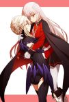 2girls artoria_pendragon_alter_(fate/grand_order) bandage_over_one_eye belt black_legwear black_skirt blonde_hair blush breasts cape face-to-face fate/grand_order fate_(series) florence_nightingale_(fate/grand_order) flower gloves grey_legwear hug leotard long_hair long_sleeves looking_at_another medium_breasts military military_uniform multiple_girls oiun pantyhose pink_hair red_eyes ribbed_legwear ribbed_leotard saber saber_alter sidelocks skirt thigh-highs under_boob uniform very_long_hair white_bootds white_gloves yellow_eyes yuri 
