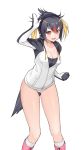  1girl :d black_hair blonde_hair boots breasts cleavage headphones kemono_friends long_hair looking_at_viewer multicolored_hair open_mouth redhead rockhopper_penguin_(kemono_friends) short_hair smile solo tokki 
