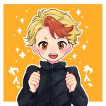  1boy blonde_hair brown_eyes clenched_hands fangs ichiko_(1112695) jacket male_focus minami_kenjirou multicolored_hair open_mouth redhead smile sparkle track_jacket yuri!!!_on_ice 