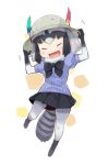  1girl ^_^ ^o^ animal_ears black_bow black_bowtie black_hair black_shirt blush_stickers bow bowtie closed_eyes denchuubou full_body fur_collar gradient_hair green_hair hand_on_headwear happy hat hat_feather kemono_friends multicolored_hair open_mouth pantyhose pleated_skirt puffy_short_sleeves puffy_sleeves raccoon_(kemono_friends) raccoon_ears raccoon_tail shirt short_hair short_sleeves simple_background skirt smile solo tail two-tone_hair white_background 