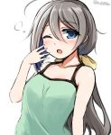  1girl ;o ahoge asymmetrical_hair bare_arms bare_shoulders blue_eyes blush camisole casual don_(29219) eyebrows_visible_through_hair hair_between_eyes hair_ribbon kantai_collection kiyoshimo_(kantai_collection) long_hair looking_at_viewer one_eye_closed ribbon silver_hair simple_background sleepy sleeveless solo twitter_username upper_body white_background 