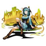  1girl aqua_dress aqua_eyes aqua_hair arm_up boots bow bowtie breasts brown_boots divine_gate dress eyebrows_visible_through_hair full_body headdress holding knee_boots long_hair looking_at_viewer medium_breasts official_art shadow sitting solo transparent_background ucmm yellow_bow 