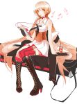  1girl absurdres blonde_hair blush boots breasts choker day eating eyebrows eyebrows_visible_through_hair food fur_collar girls_frontline headphones high_heels highres horz jacket long_hair looking_at_viewer music necktie ots-14 ots-14_(girls_frontline) pocky sitting skirt thigh-highs thigh_strap very_long_hair yellow_eyes 