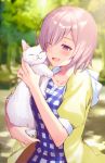  1girl blush carrying cat eyebrows_visible_through_hair fate/grand_order fate_(series) hair_over_one_eye haru_(hiyori-kohal) no_glasses one_eye_closed pink_hair shielder_(fate/grand_order) short_hair short_sleeves smile solo violet_eyes white_cat 