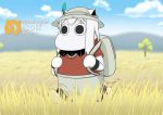  (o)_(o) backpack bag blue_sky bucket_hat clouds collar comic commentary_request cosplay grass hat hat_feather horns japari_symbol kaban kaban_(cosplay) kantai_collection kemono_friends long_hair moomin mountain muppo northern_ocean_hime outdoors pants red_shirt sazanami_konami shinkaisei-kan shirt short_sleeves sidelocks sky solo t-shirt tail translation_request tree white_hair 