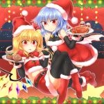  2girls absurdres alternate_costume bat_wings bell black_gloves black_legwear blonde_hair blue_hair bow bridal_gauntlets cake chicken_(food) christmas dress flandre_scarlet food gloves hat highres holding holding_plate looking_at_viewer m9kndi midriff multiple_girls plate pom_pom_(clothes) red_dress red_eyes red_skirt remilia_scarlet santa_costume santa_hat sitting skirt smile star thigh-highs tongue tongue_out touhou window wings zettai_ryouiki 