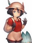  1girl backpack bag black_eyes black_hair breasts fumio_(rsqkr) gloves hat kaban kemono_friends light_smile looking_at_viewer pantyhose short_hair shorts simple_background small_breasts 