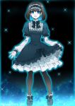  1girl black_hair blue_dress blue_hair blue_shoes doll_joints dress eyeshadow garie_tuman hairband highres kiraki looking_at_viewer makeup pantyhose puffy_short_sleeves puffy_sleeves senki_zesshou_symphogear sharp_teeth shoes short_hair short_sleeves skirt_hold solo teeth twitter_username 