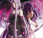  2girls absurdly_long_hair black_dress breasts chains cleavage collar collarbone detached_sleeves dress fate/stay_night fate_(series) grey_eyes hair_between_eyes hair_over_one_eye hair_ribbon holding holding_weapon long_hair matou_sakura medium_breasts multiple_girls official_art parted_lips purple_hair purple_legwear red_ribbon ribbon rider shirt sleeveless sleeveless_dress standing strapless strapless_dress takeuchi_takashi tattoo thigh-highs very_long_hair violet_eyes weapon white_shirt zettai_ryouiki 