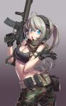  1girl ahoge aqua_eyes ar-15 assault_rifle bad_anatomy breasts camouflage camouflage_pants cleavage gloves gun headset holster knife kws medium_breasts military open_mouth original pants ponytail revision rifle scarf silver_hair solo sports_bra thigh_holster twisted_torso vertical_foregrip weapon 