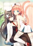  2girls :q animal_ears black_legwear blue_eyes blush breast_press breasts cat_ears cat_tail chair cleavage detached_collar fang forked_tail garter_straps hat heterochromia high_heels ichijou_kokona labcoat lace lace-trimmed_thighhighs large_breasts legs_crossed long_hair looking_at_viewer midorikawa_you multiple_girls multiple_tails necktie nekomata nurse_cap office_chair open_mouth orange_hair original pantyhose red_eyes revision sitting smile tail tail_grab thigh-highs tongue tongue_out violet_eyes 