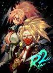  1boy 1girl amputee answer_(guilty_gear) baiken blonde_hair blue_eyes breasts cleavage face_mask formal glasses guilty_gear guilty_gear_xrd highres japanese_clothes kimono kin_mokusei large_breasts long_hair mask ninja one-eyed open_clothes open_kimono pink_eyes pink_hair ponytail red_eyes samurai scar scar_across_eye semi-rimless_glasses smile spiky_hair suit tattoo third_eye weapon 