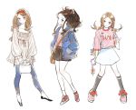  3girls ankle_socks backpack bag black_hair blouse blue_eyes brown_eyes brown_hair cellphone cellphone_charm denim fashion flats full_body hair_ornament hairband hairpin handbag jacket jeans kneehighs kotneciii kotone_(pokemon) loafers long_hair looking_at_viewer low_twintails multiple_girls pants phone pokemon ponytail ribbon serena_(pokemon) shoes sidelocks smile sneakers standing touko_(pokemon) twintails white_background 