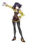  1girl black_hair black_lipstick blonde_hair eyeshadow hair_over_one_eye hand_on_hip high_heels highres kiraki leiur_darahim lipstick long_sleeves makeup multicolored_hair poke_ball pokemon senki_zesshou_symphogear short_hair simple_background solo two-tone_hair white_background yellow_eyes 