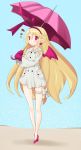  1girl blonde_hair blush bow disgaea flonne flonne_(fallen_angel) highres iwasi-r long_hair open_mouth pointy_ears red_eyes solo umbrella wings 