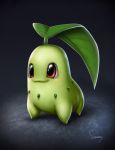  chikorita full_body leaf no_humans pokemon pokemon_(creature) red_eyes sam_delatore signature smile solo 