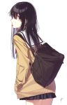  1girl aiko_(aiko_54) artist_name bag bangs black_hair black_skirt cardigan cowboy_shot eyebrows_visible_through_hair from_side hair_between_eyes hands_in_pockets highres koe_no_katachi long_hair looking_at_viewer looking_back neckerchief open_cardigan open_clothes pleated_skirt red_neckerchief school_bag school_uniform serafuku shoulder_bag signature simple_background skirt solo thighs tongue tongue_out violet_eyes white_background 