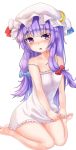  1girl bangs bare_legs barefoot blue_bow blunt_bangs bow crescent crescent_hair_ornament eyebrows_visible_through_hair hair_bow hair_ornament hat highres lingerie long_hair looking_at_viewer mob_cap negligee patchouli_knowledge purple_hair red_bow sidelocks simple_background sitting solo strap_slip tem+ touhou underwear violet_eyes wariza white_background 