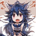  &gt;:( 1girl ahoge angry antenna_hair bangs bare_shoulders blue_hair blush bound bound_wrists chains chibi choker claws fangs fenrir_(shingeki_no_bahamut) frown granblue_fantasy hair_between_eyes jewelry long_hair looking_at_viewer necklace open_mouth paws pink_eyes shingeki_no_bahamut simple_background solo sukemyon tail very_long_hair white_background wolf_paws wolf_tail 