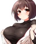  1girl black_shirt blush breasts brown_eyes brown_hair don_(29219) expressionless hyuuga_(kantai_collection) japanese_clothes kantai_collection large_breasts long_sleeves nontraditional_miko shirt short_hair simple_background solo undershirt white_background 