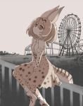  1girl amusement_park animal_ears bare_shoulders belt between_legs boku_no_friend boots bow bowtie brown_ribbon cat_ears cat_tail cross-laced_clothes dot_nose elbow_gloves eyebrows_visible_through_hair fence ferris_wheel from_side gloves greyscale ground hair_between_eyes hand_between_legs kawanobe kemono_friends light_brown_eyes lonely looking_away looking_up monochrome monochrome_background muted_color orange_hair outdoors ribbon roller_coaster sad serval_(kemono_friends) serval_ears serval_print serval_tail shirt shoe_ribbon short_hair sitting sitting_on_fence skirt sleeveless sleeveless_shirt solo spot_color striped_tail tail thigh-highs tree white_boots white_footwear white_shirt 