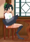  1girl absurdres black_hair black_wings chair clothes_writing crow_tengu english feathered_wings hair_ornament harpy hat highres leaf_hair_ornament len_cordova monster_girl monster_girl_encyclopedia pointy_ears pom_pom_(clothes) ponytail shirt short_hair short_ponytail sigh sitting skirt solo t-shirt table tokin_hat white_shirt window winged_arms wings wooden_floor 