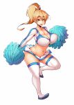  1girl blonde_hair bouncing_breasts breasts cheerleader cleavage crop_top green_eyes huge_breasts long_sleeves looking_at_viewer midriff miniskirt pom_poms ponytail revision skirt smile solo sweat thick_thighs thigh-highs thighs white_background wide_hips zako_(arvinry) 