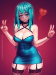  1girl absurdres aqua_hair bare_shoulders blue_dress breasts cleavage dress garter_straps hair_ornament hairclip highres hips large_breasts light_smile long_hair looking_at_viewer nikita_varb original red_background smile solo thick_eyebrows thighs v 