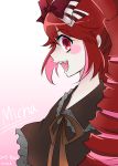  1girl :d artist_name blush_stickers bow character_name dated drill_hair hair_bow highres kiraki long_hair looking_to_the_side micha_jawkan multicolored_hair open_mouth pink_hair profile red_eyes redhead senki_zesshou_symphogear sharp_teeth smile teeth twin_drills two-tone_hair 