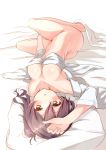  1girl bed_sheet breasts brown_eyes cleavage ging1993 kaga_(kantai_collection) kantai_collection long_hair looking_at_viewer looking_back lying nude on_back pillow purple_hair side_ponytail solo 