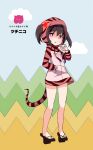 &gt;:o 1girl :o bangs bare_legs barefoot black_hair cosplay full_body geta glowing glowing_eyes hand_in_pocket hood hoodie kemono_friends kemonomimi_mode long_sleeves looking_at_viewer love_live! love_live!_school_idol_project neck_ribbon partially_translated red_eyes red_ribbon ribbon shikei_(jigglypuff) snake_tail solo striped_hoodie striped_tail tail tengu-geta translation_request tsuchinoko_(kemono_friends) tsuchinoko_(kemono_friends)_(cosplay) twintails yazawa_nico