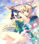  1girl :o armpits blonde_hair blue_eyes bow breasts bridal_gauntlets cleavage dress forehead_jewel from_side green_bow green_dress hair_bow hair_intakes head_wings headgear highres hirano_katsuyuki holding holding_weapon long_hair looking_to_the_side low-tied_long_hair open_mouth pauldrons petals polearm riesz seiken_densetsu seiken_densetsu_3 small_breasts solo spear thighs very_long_hair weapon 