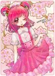  1girl aki_(na_uup) blouse character_name cherry cherry_print floral_background flower food food_print fruit hair_ornament highres mouth_hold one_eye_closed pink_hair pink_skirt precure print_skirt red_eyes short_hair short_twintails skirt skirt_hold smile solo twintails twitter_username white_blouse yes!_precure_5 yumehara_nozomi 