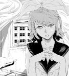  1girl asunogear bare_arms bow building collarbone curtains desk greyscale hair_bow hair_ornament hairclip hands_together headphones headset highres interlocked_fingers kagamine_rin looking_at_viewer monochrome open_mouth open_window pov sailor_collar school school_desk short_hair solo vocaloid wind window 