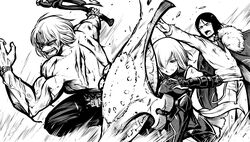  1girl 2boys armor armored_boots armored_dress axe belt_buckle bleeding blood boots buckle cape debris fate/grand_order fate_(series) greyscale grimace hair_over_one_eye injury kanno_takanori monochrome multiple_boys muscle necktie open_mouth outstretched_arm sakata_kintoki_(fate/grand_order) shield shielder_(fate/grand_order) shirtless short_hair sunglasses sweatdrop watch waver_velvet weapon wind 